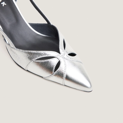 Escarpins slingbacks et à bouts pointus cuir metallisé argent et cuir craquelé argent | DAMOUR | Jonak