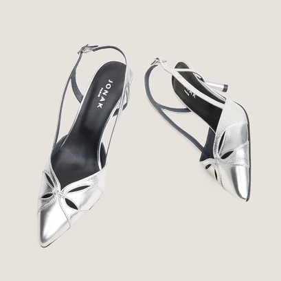 Escarpins slingbacks et à bouts pointus cuir metallisé argent et cuir craquelé argent | DAMOUR | Jonak