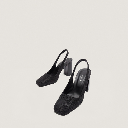 Escarpins &agrave; talons et bouts carr&eacute;s en tissu iris&eacute; noir et synth&eacute;tique noir | DACK | Jonak
