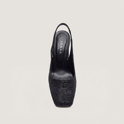 Escarpins &agrave; talons et bouts carr&eacute;s en tissu iris&eacute; noir et synth&eacute;tique noir | DACK | Jonak