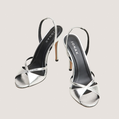 Sandales à talons hauts et bouts ronds en cuir métallisé argent | FANTAISIE | Jonak