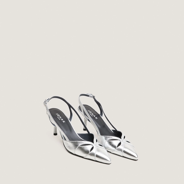 Escarpins slingbacks et &agrave; bouts pointus cuir metallis&eacute; argent et cuir craquel&eacute; argent | DAMOUR | Jonak
