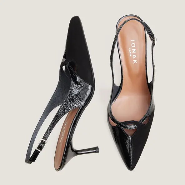 Escarpins &agrave; talon en cuir brillant noir et velours noir | DIGE | Jonak