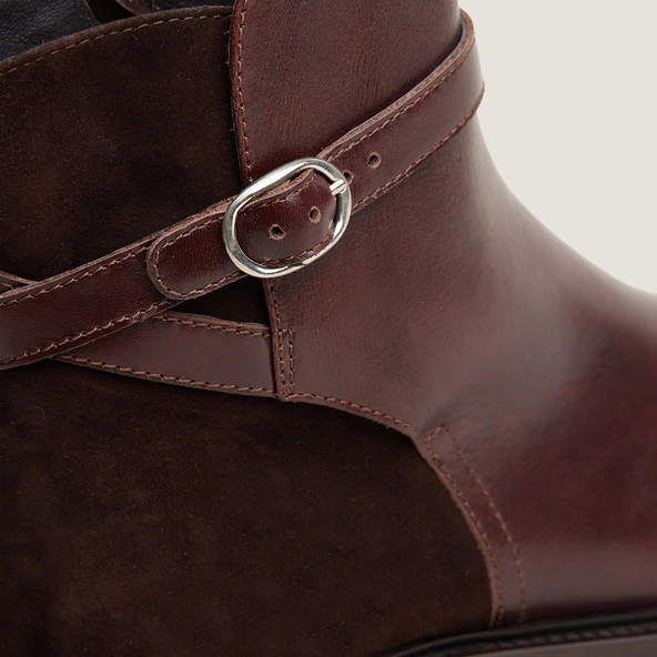 Bottine &agrave; bouts ronds en cuir chocolat et velours marron | DOOTSY | Jonak