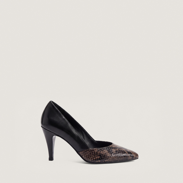 Escarpins &agrave; bouts pointus en cuir effet python taupe et cuir noir | DIALECTE | Jonak