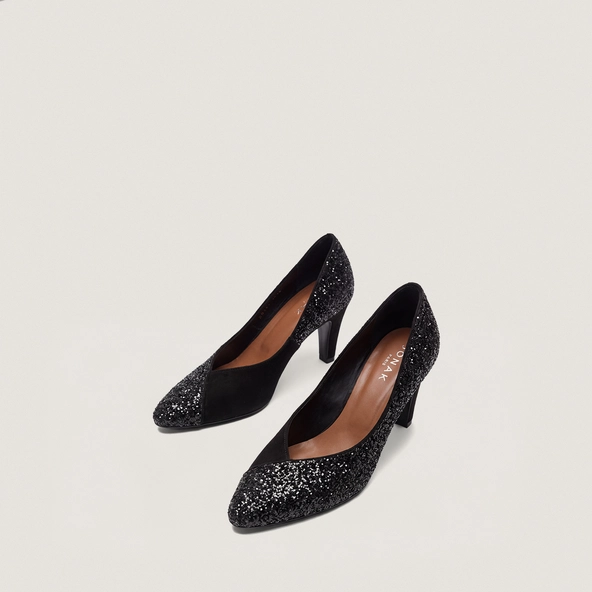 Escarpins &agrave; bouts pointus en glitter noir et velours noir | DULZURA | Jonak