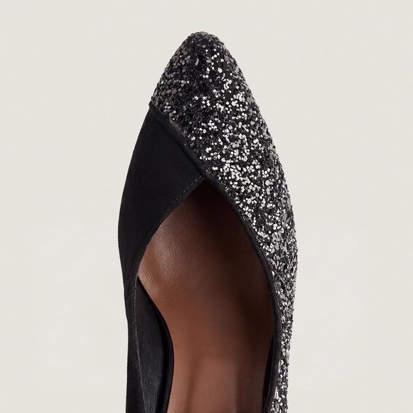 Escarpins &agrave; bouts pointus en glitter noir et velours noir | DULZURA | Jonak