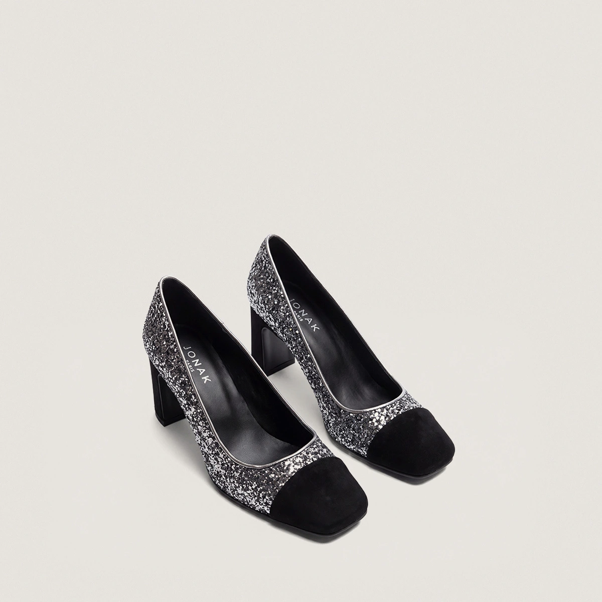 Escarpins à talons larges et bouts carrés en velours noir et glitter argent foncé | DOG | Jonak