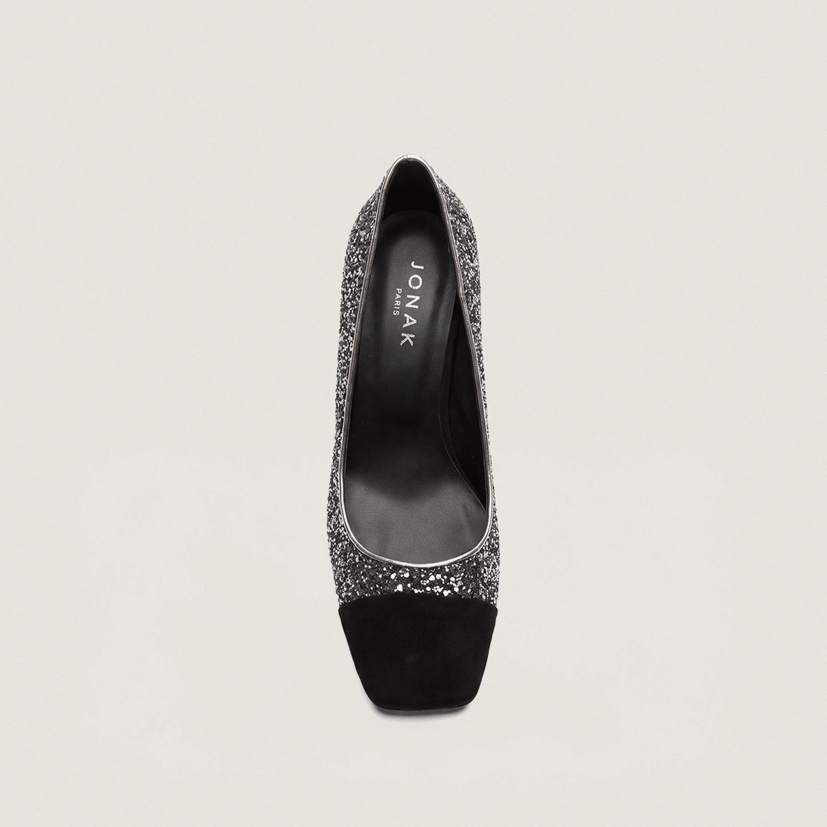 Escarpins à talons larges et bouts carrés en velours noir et glitter argent foncé | DOG | Jonak