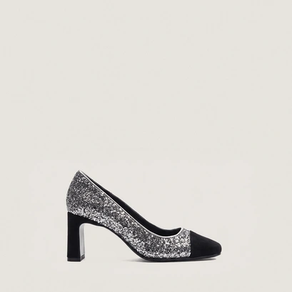 Escarpins à talons larges et bouts carrés noir-argent