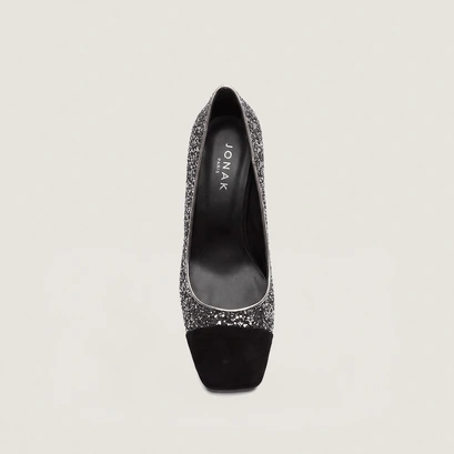 Escarpins à talons larges et bouts carrés noir-argent
