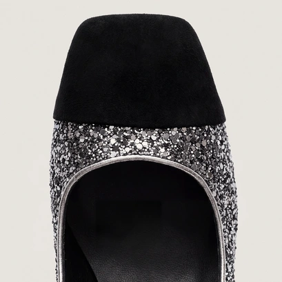 Escarpins à talons larges et bouts carrés noir-argent