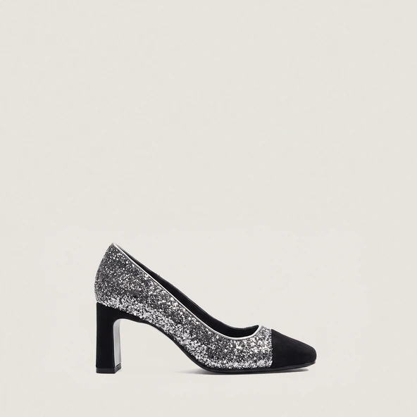 Escarpins à talons larges et bouts carrés en velours noir et glitter argent foncé | DOG | Jonak