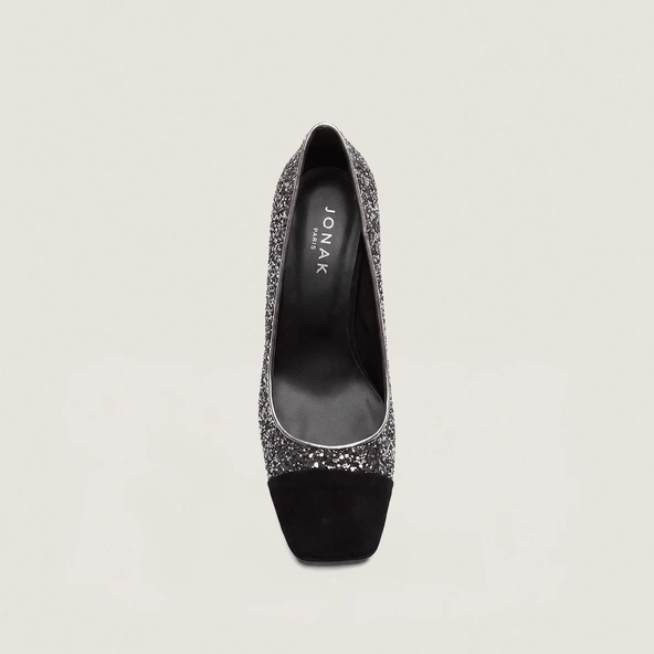 Escarpins à talons larges et bouts carrés en velours noir et glitter argent foncé | DOG | Jonak