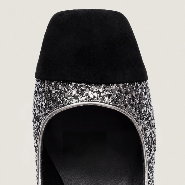 Escarpins à talons larges et bouts carrés en velours noir et glitter argent foncé | DOG | Jonak