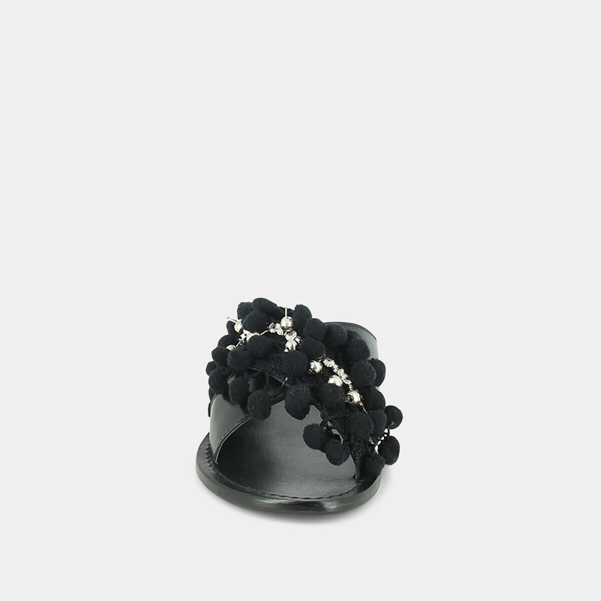 Mules à pompons et perles en cuir et tissu noir | JACK | Jonak