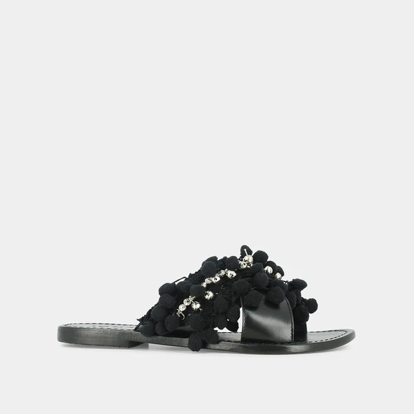Mules à pompons et perles en cuir et tissu noir | JACK | Jonak