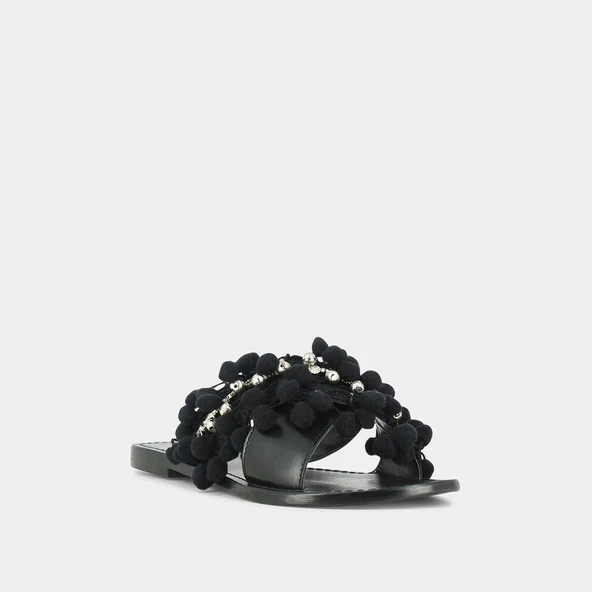 Mules à pompons et perles en cuir et tissu noir | JACK | Jonak