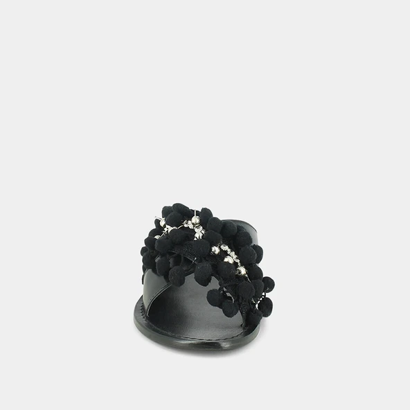 Mules à pompons et perles en cuir et tissu noir | JACK | Jonak