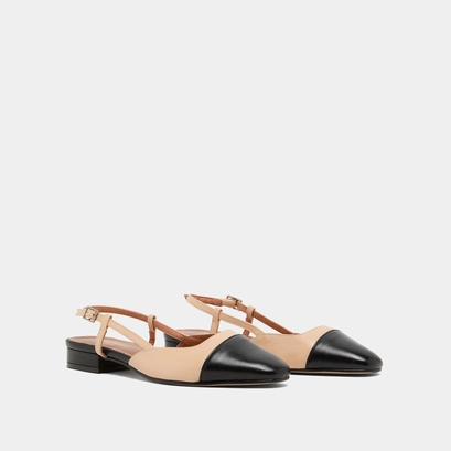 Ballerines ouvertes en cuir noir et beige | DHAPOU