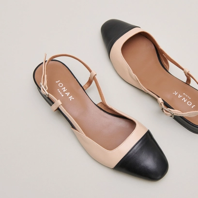 Ballerines ouvertes en cuir noir et beige | DHAPOU