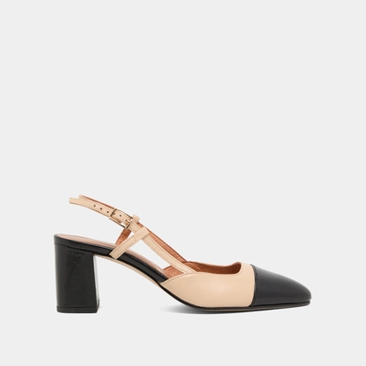 Slingbacks &agrave; talons en cuir noir et beige | DHAPOP