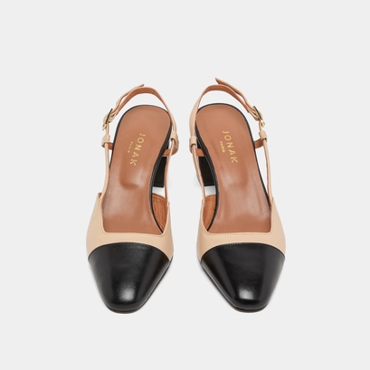 Slingbacks &agrave; talons en cuir noir et beige | DHAPOP