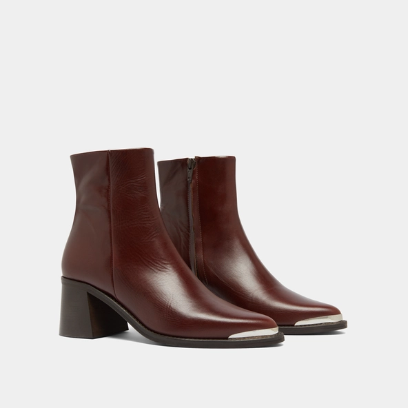 Bottines à talon et embout doré en cuir marron | DELO | Jonak