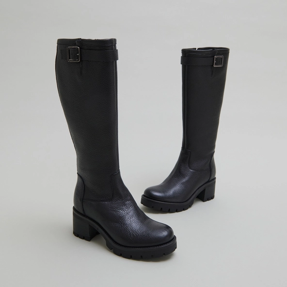 Bottes &agrave; semelles crant&eacute;es et boucles en cuir grain&eacute; noir | MIDAS | Jonak
