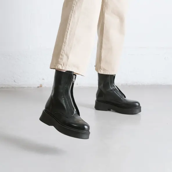 Bottines &agrave; plateformes et fermetures &eacute;clair en cuir noir | ALBERT | Jonak