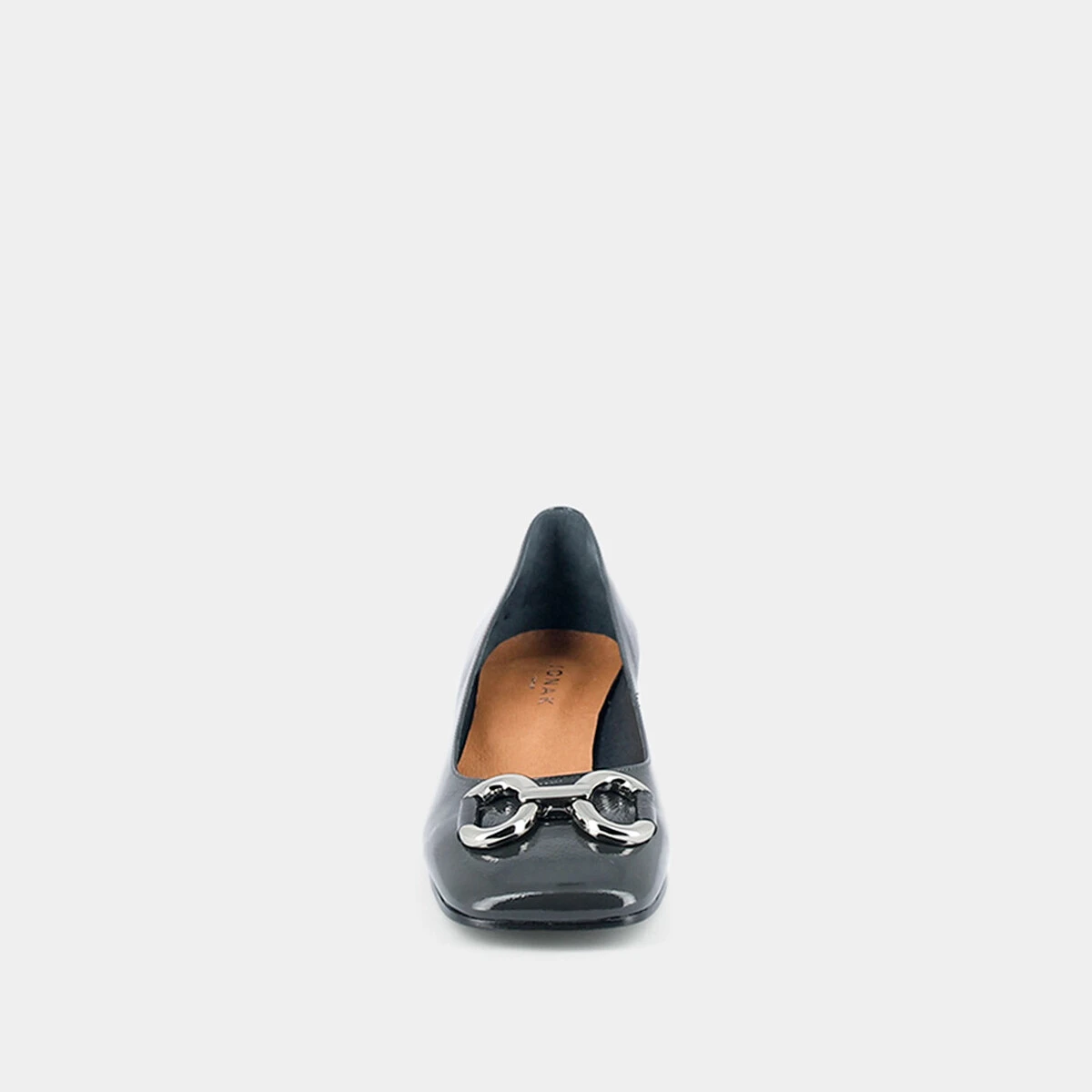 Ballerines à talons et boucles argentées en cuir vernis anthracite plissé | DOSTON | Jonak