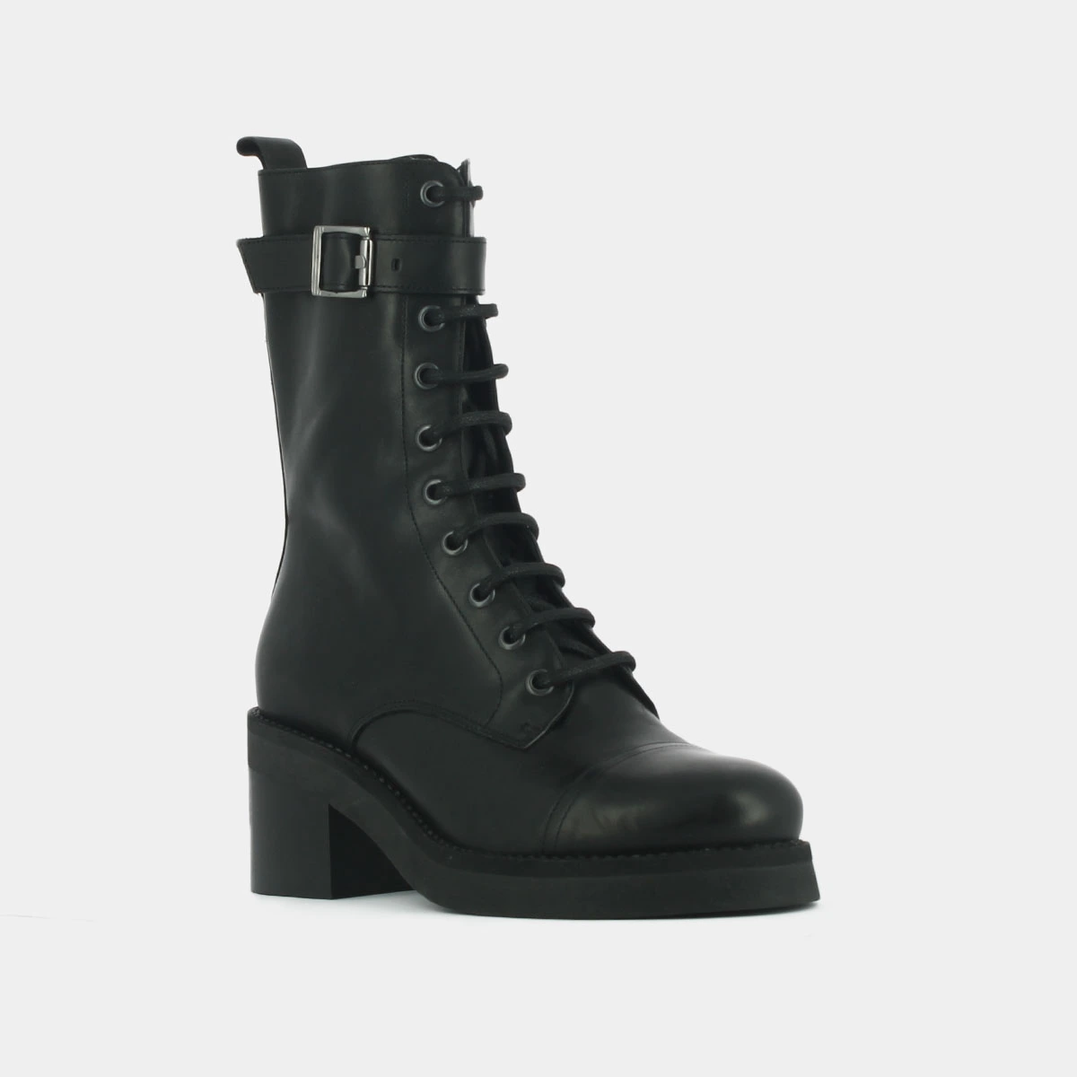 Bottines à lacets, talons et détails argentés en cuir gras noir | ACONIT | Jonak