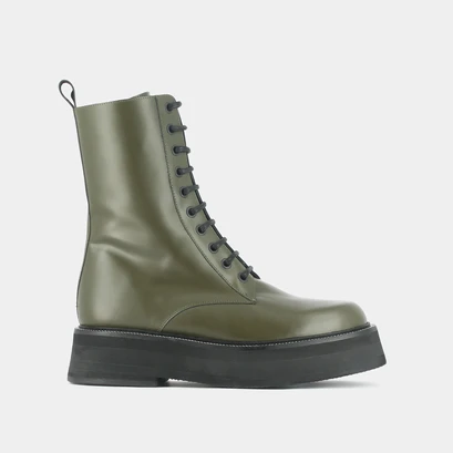 Boots &agrave; lacets et semelles &eacute;paisses en cuir glac&eacute; kaki | DAFFIA | Jonak