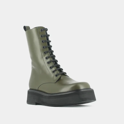 Boots &agrave; lacets et semelles &eacute;paisses en cuir glac&eacute; kaki | DAFFIA | Jonak