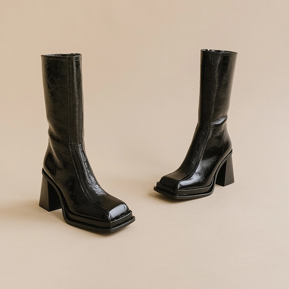 Bottes à talons, plateformes et bouts ca... en cuir brillant noir | BAGNA | Jonak