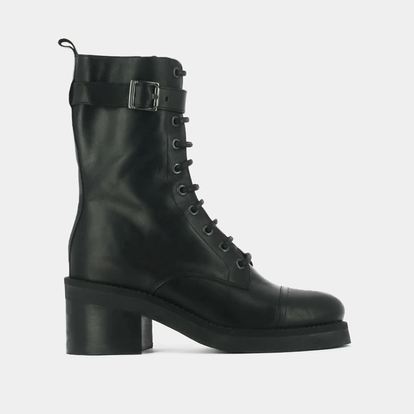Bottines à lacets, talons et détails argentés en cuir gras noir | ACONIT | Jonak