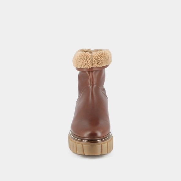 Bottines à semelles crantées en cuir gras cognac et fourrure camel | DONELA | Jonak
