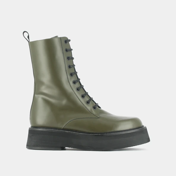 Boots &agrave; lacets et semelles &eacute;paisses en cuir glac&eacute; kaki | DAFFIA | Jonak