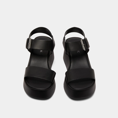 Sandales &agrave; semelles compens&eacute;es en cuir noir | ELSA