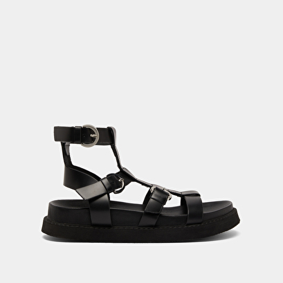 Sandales à brides et semelles épaisses en cuir glacé noir | LAGON | Jonak