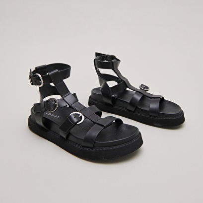 Sandales à brides et semelles épaisses en cuir glacé noir | LAGON | Jonak