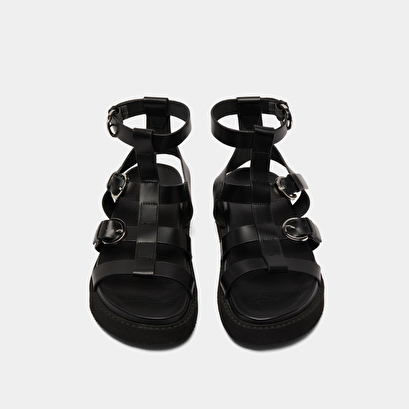 Sandales à brides et semelles épaisses en cuir glacé noir | LAGON | Jonak