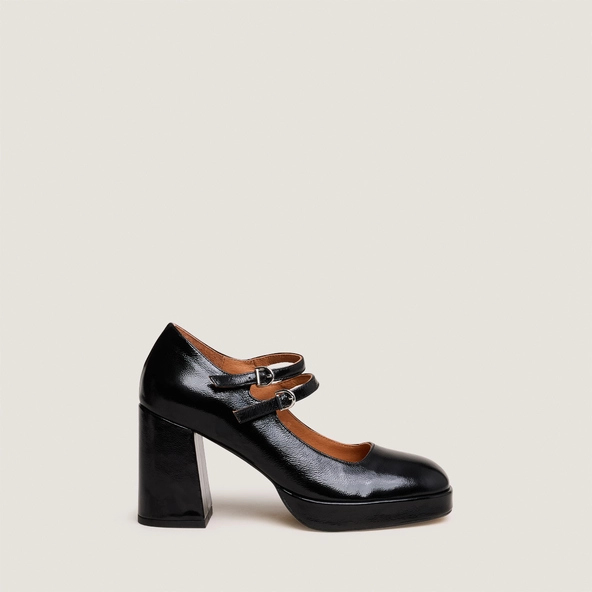 Babies à doubles brides et plateformes en vernis plissé noir | VERITE | Jonak
