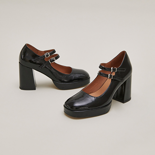 Babies à doubles brides et plateformes en vernis plissé noir | VERITE | Jonak