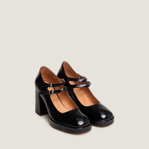Babies à doubles brides et plateformes en vernis plissé noir | VERITE | Jonak