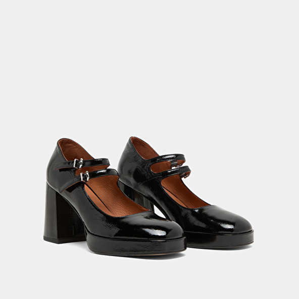 Babies à doubles brides et plateformes en vernis plissé noir | VERITE | Jonak