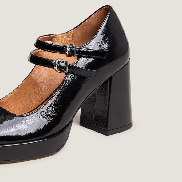 Babies à doubles brides et plateformes en vernis plissé noir | VERITE | Jonak