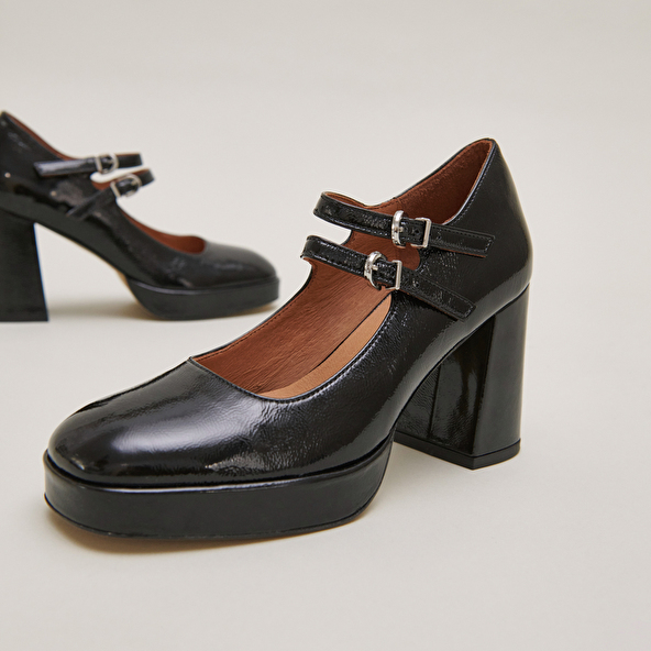 Babies à doubles brides et plateformes en vernis plissé noir | VERITE | Jonak