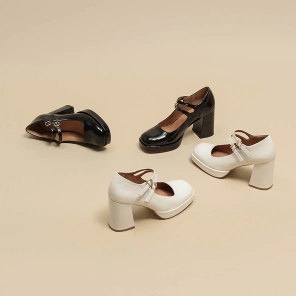 Babies à doubles brides et plateformes en cuir brillant écru | VERITE | Jonak