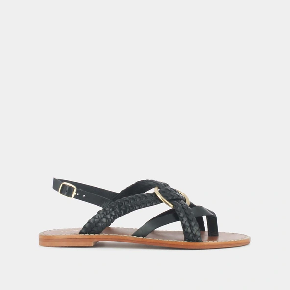 Sandales plates tressées en cuir noir | WOOD | Jonak
